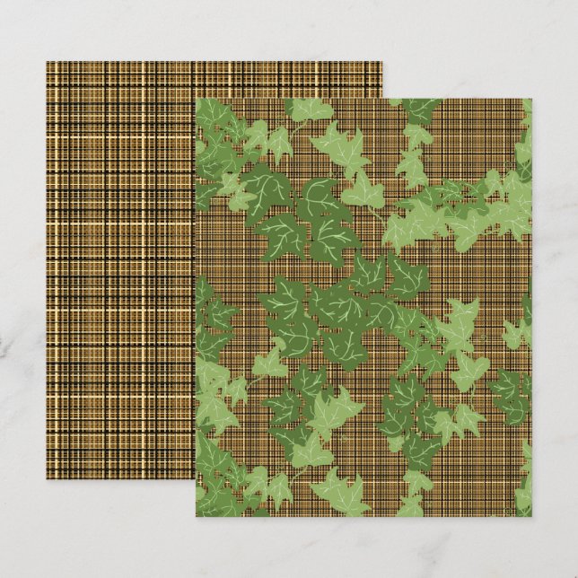 Green Ivy Brown Gold Plaid Scrapbook Paper (Front/Back)