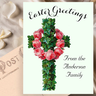 Green Ivy Floral Cross Vintage Easter Religious Postcard