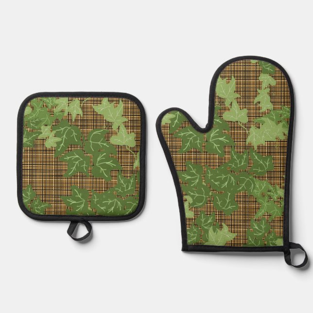 Green ivy Gold Black Brown Plaid Oven Mitt & Pot Holder Set (Front)