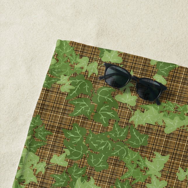 Green Ivy Gold Brown Plaid Beach Towel (In Situ)