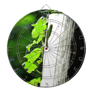Green ivy leaves at a tree trunk dartboard