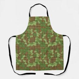 Green ivy on gold black brown plaid apron
