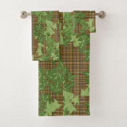 Green ivy on gold black brown plaid bath towel set