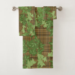 Green ivy on gold black brown plaid  bath towel set