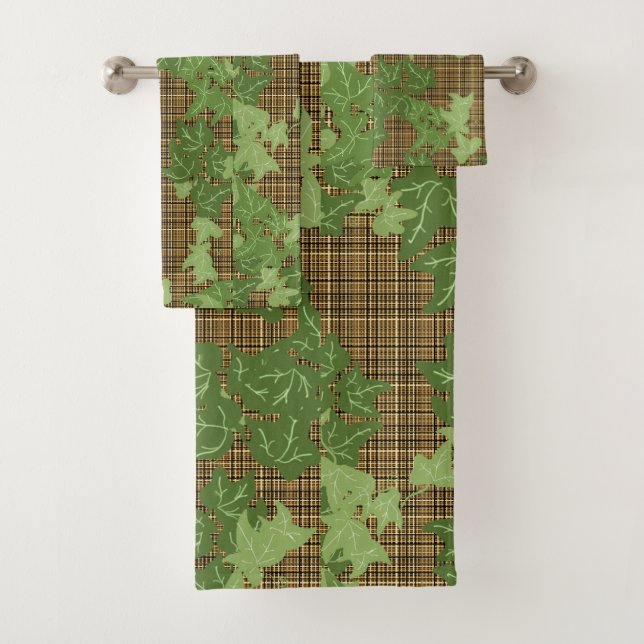 Green ivy on gold black brown plaid  bath towel set (Insitu)