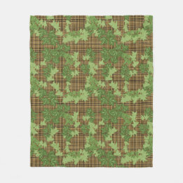 Green ivy on gold black brown plaid fleece blanket