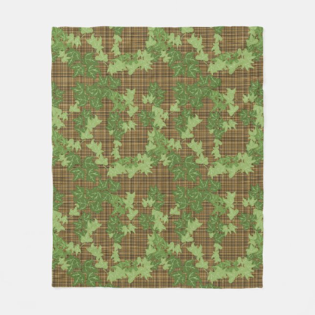 Green ivy on gold black brown plaid  fleece blanket (Front)