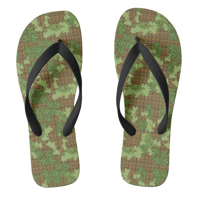 Green ivy on gold black brown plaid  flip flops (Footbed)