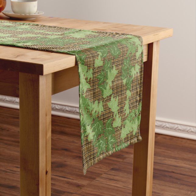 Green ivy on gold black brown plaid short table runner (In Situ)