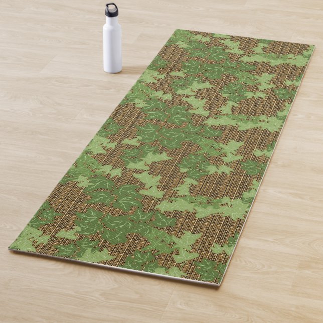 Green ivy on gold black brown plaid yoga mat (In Situ)