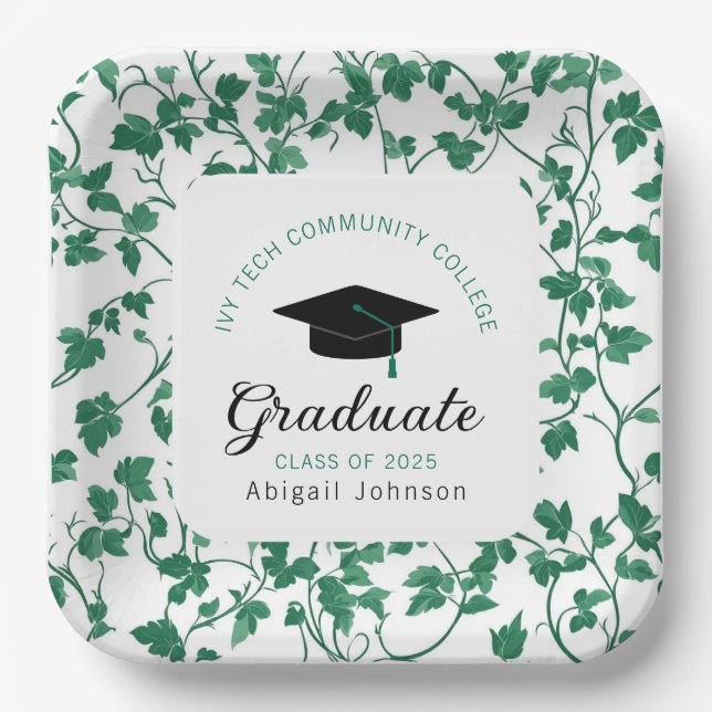 Green Ivy Pattern Personalised Graduation Paper Plate (Front)