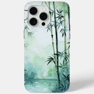 Green Japandi Watercolour Effect Bamboo Artwork iPhone 15 Pro Max Case