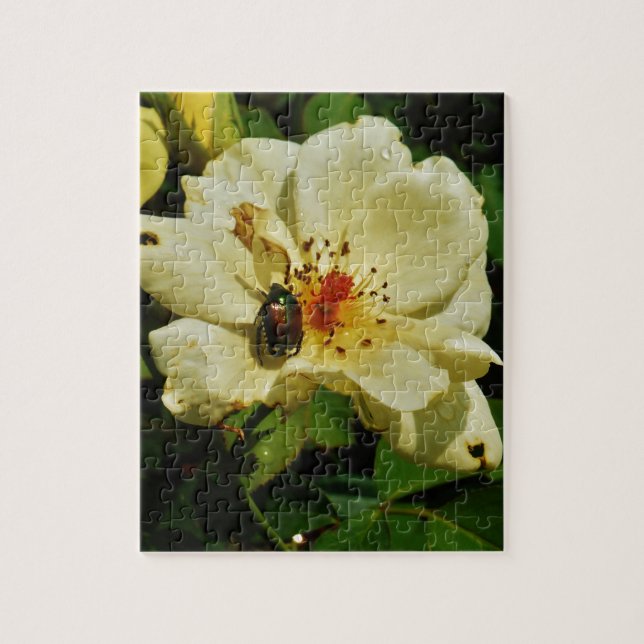 Green Japanese Beetle on Yellow Rose floral Jigsaw Puzzle (Vertical)