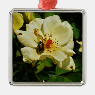 Green Japanese Beetle on Yellow Rose floral Metal Tree Decoration