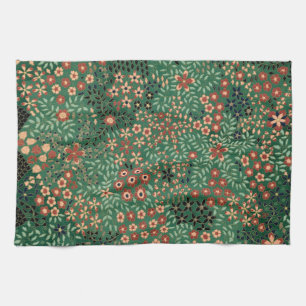 Green Japanese flower background traditional flora Tea Towel