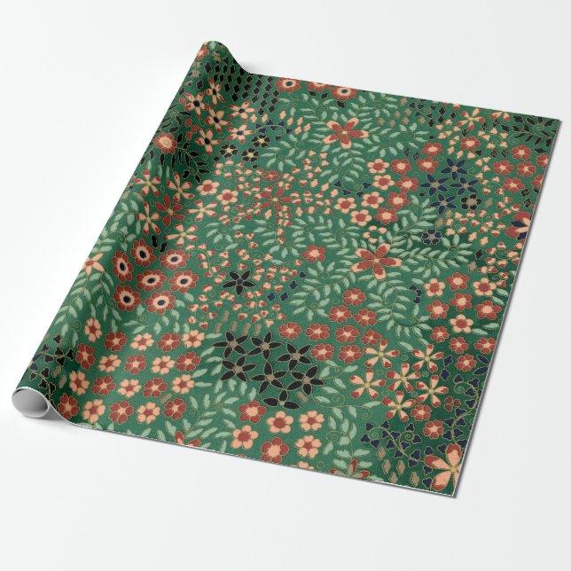 Green Japanese flower background traditional flora Wrapping Paper (Unrolled)