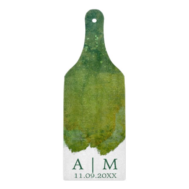 Green Jewel Tone Monogram Watercolor  Cutting Board (Front)