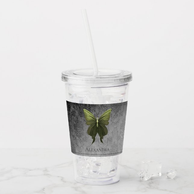Green Jewelled Butterfly Acrylic Tumbler (Front Ice)