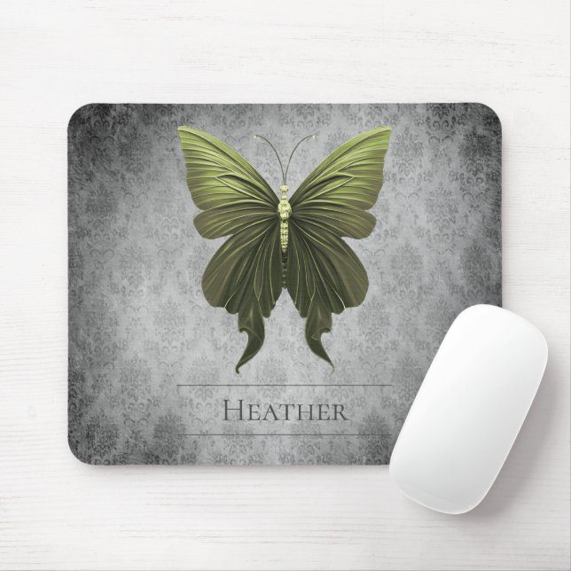 Green Jewelled Butterfly Damask Mouse Mat (With Mouse)