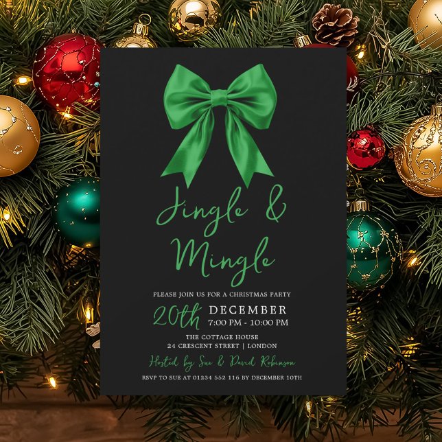 Green Jingle & Mingle Christmas Party Bow Black  Invitation (Green Jingle & Mingle Christmas Party Bow Black Invitation)