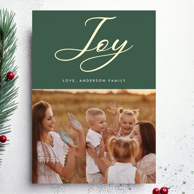 Green JOY Classic GOLD calligraphy lettering Foil Holiday Card (Creator Uploaded)