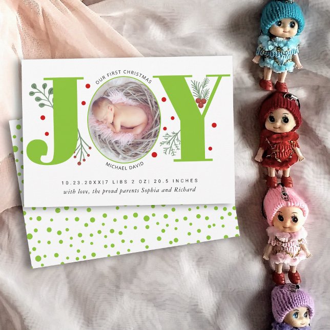 Green Joy First Christmas holiday photo baby birth Announcement (Creator Uploaded)