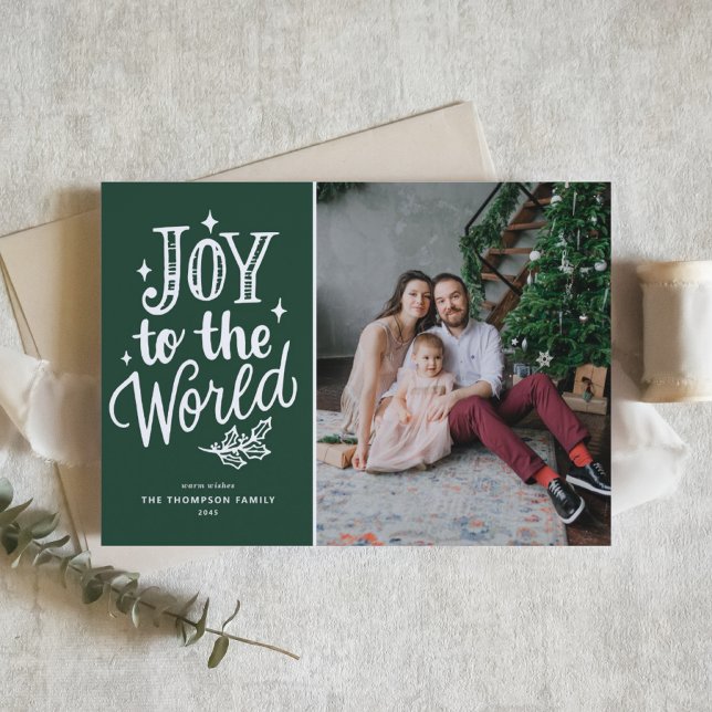 Green Joy To The World Christmas Carol Photo Holiday Card (Celebrate the season with this customizable green "Joy to the World" photo Christmas card.)