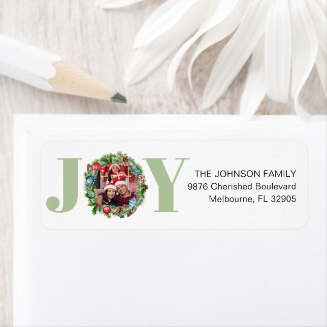 Green JOY Wreath Christmas Photo Address Label (Insitu)