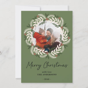 Green Joyful Botanical Frame Christmas Photo cards