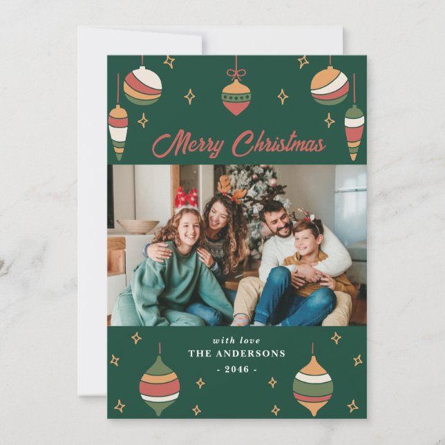 Green Joyful Christmas Ornament Family Photo cards (Front)