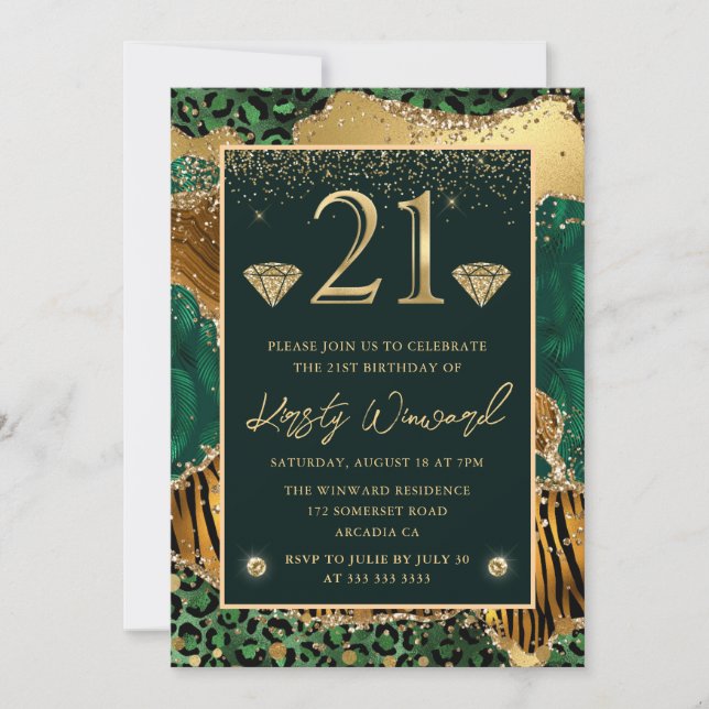 Green Jungle Animal Print Agate 21st Birthday Invitation (Front)