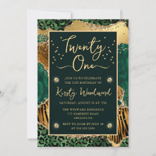 Green Jungle Animal Print Agate 21st Birthday Invitation