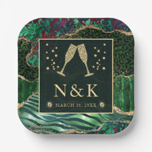 Green Jungle Animal Print Glitter Agate Wedding Paper Plate