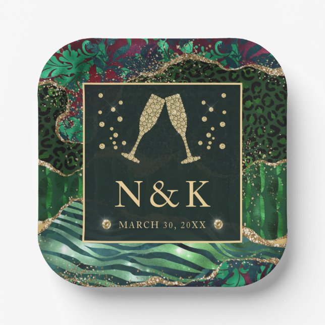 Green Jungle Animal Print Glitter Agate Wedding Paper Plate (Front)