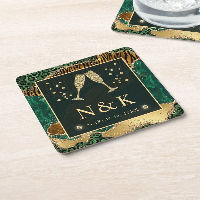 Green Jungle Animal Print Glitter Agate Wedding Square Paper Coaster (Angled)