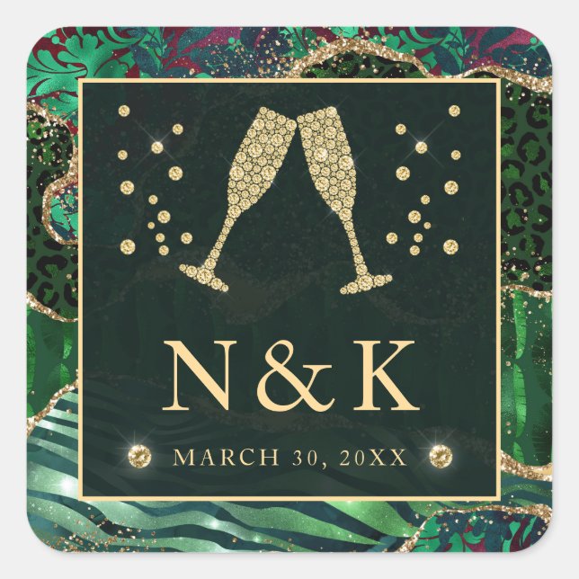Green Jungle Animal Print Glitter Agate Wedding Square Sticker (Front)