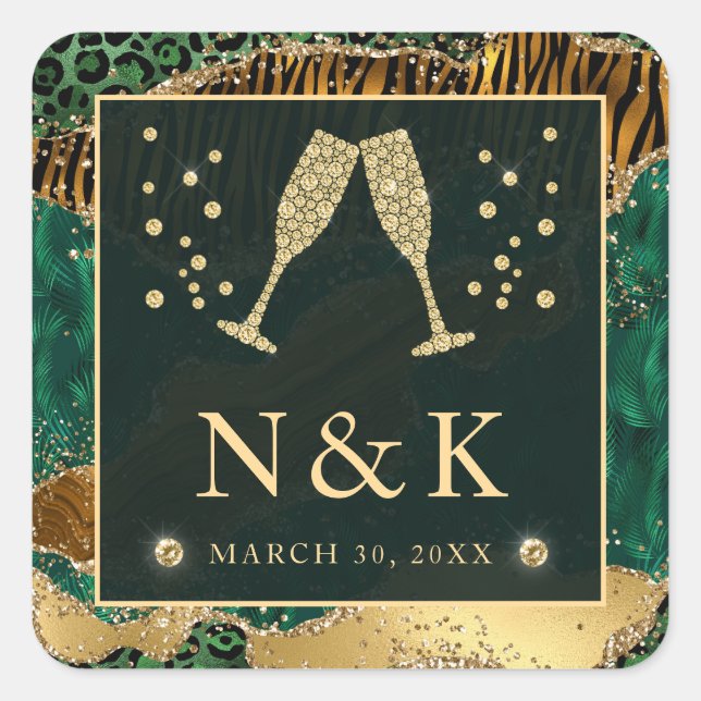 Green Jungle Animal Print Glitter Agate Wedding Square Sticker (Front)