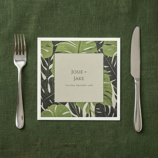 Green jungle leaves, bold and modern, wedding napkin (Green jungle leaves, bold and modern, wedding napkins.)