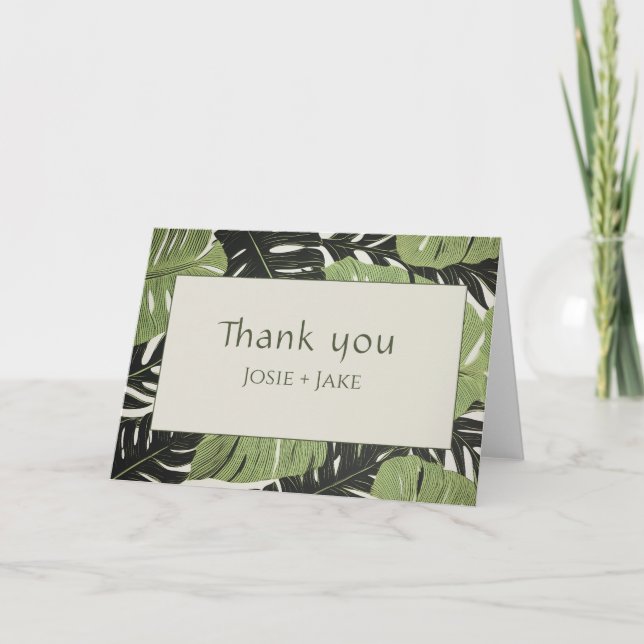 Green jungle leaves, bold wedding thank you (Front)