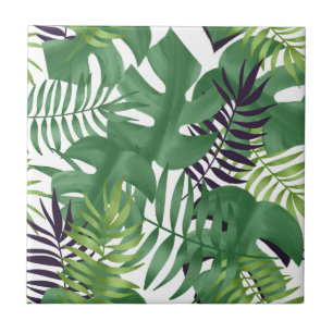 Green Jungle Leaves Nature Seamless Pattern White Tile