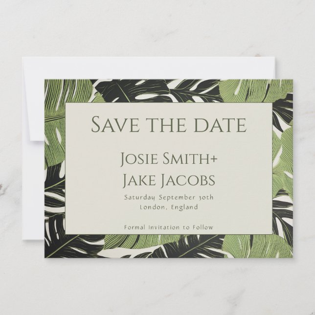 Green Jungle Leaves Save the Date Card (Front)