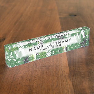 Green Jungle Leaves Tropical Nature Pattern Chic Nameplate