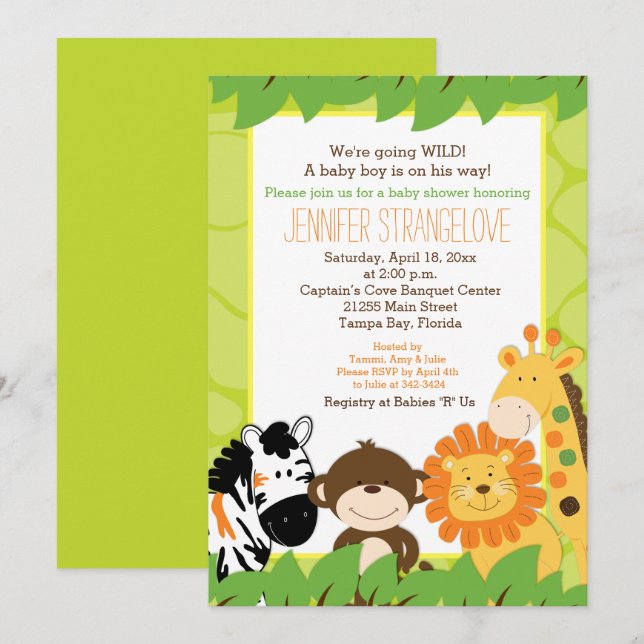 Green Jungle Safari Animals Baby Shower Invitation (Front/Back)