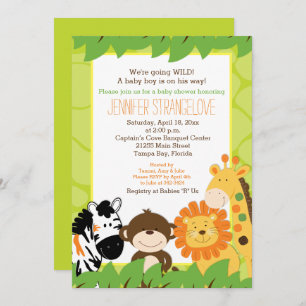 Green Jungle Safari Animals Baby Shower Invitation