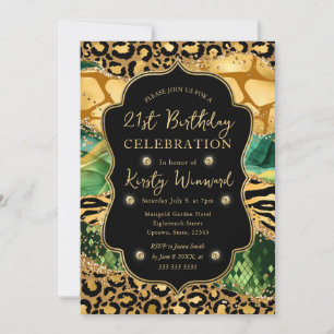 Green Jungle Safari Glitter Agate 21st Birthday Invitation
