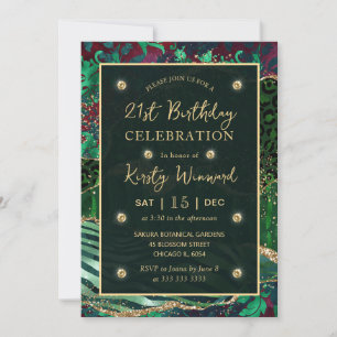 Green Jungle Safari Glitter Agate 21st Birthday Invitation