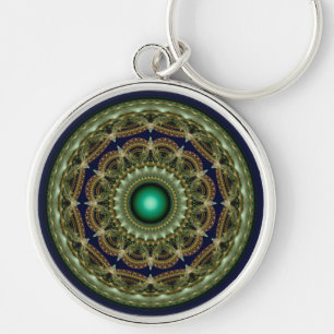 Green kaleidoscopic fractal round pattern key ring