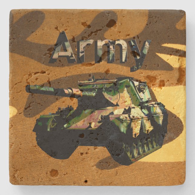 Green Khaki Army Tank, Stone Coaster (Front)
