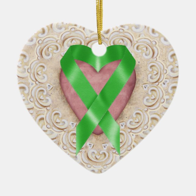Green Kidney Cancer Ribbon From the Heart - SR Ceramic Tree Decoration (Front)