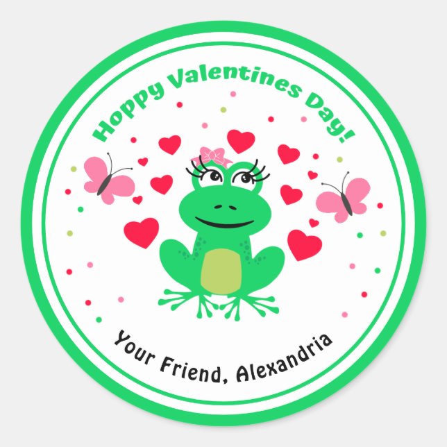 Green Kids Frog Hoppy Valentines Day  Classic Round Sticker (Front)
